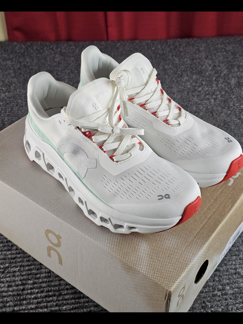 On Running Women's White Mint Athletic Shoes with Coral Accents - Picture 5 of 10